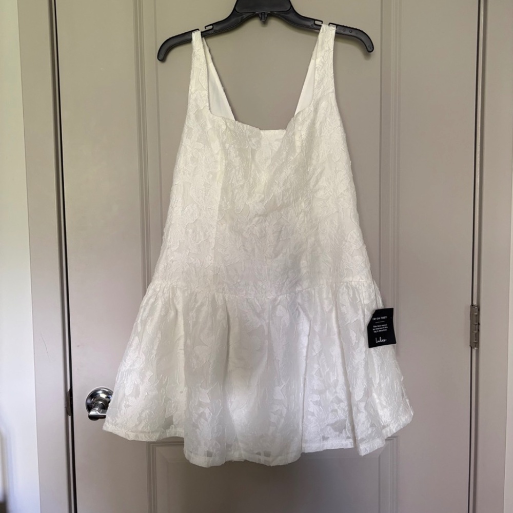 Lulu's White Bow Jacquard Drop Waist Mini Dress